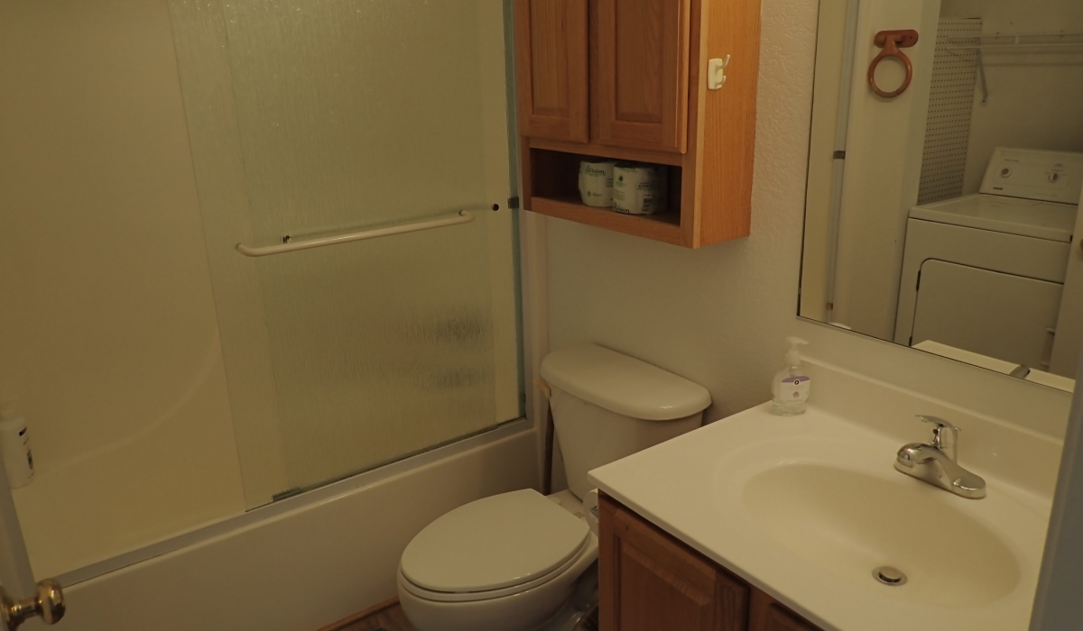 The main bathroom off the hallway has a tub/shower stall, sink, toilet, washer, and drier.