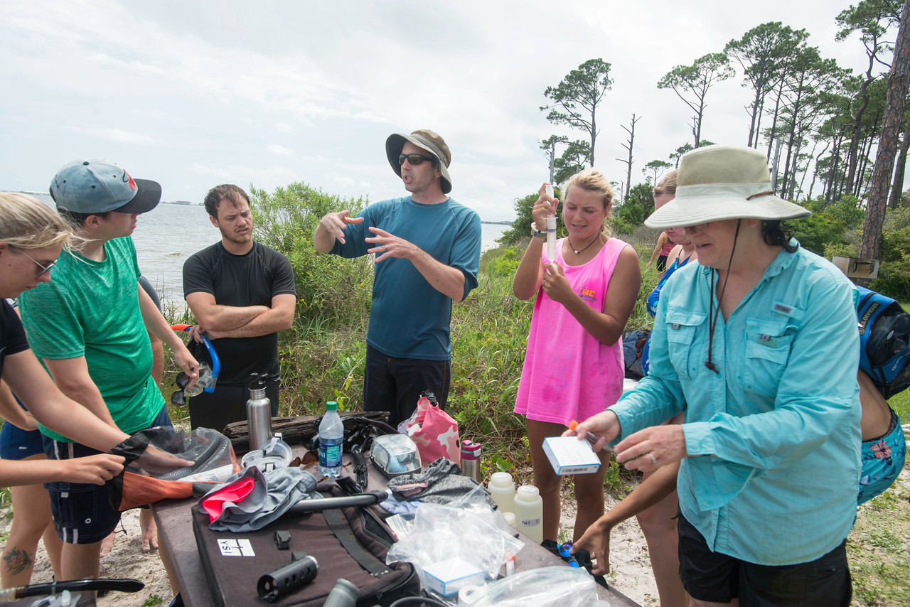 University students participate in the submerged groundwater and seagrasses detection and impacts class at the Naval Live Oaks Reservation in Gulf Breeze. The University of West Florida is joining four other universities and the Florida Institute of Oceanography in offering a five-week, summer field intensive marine biology course through a partnership between UWF and the Florida Institute of Oceanography.