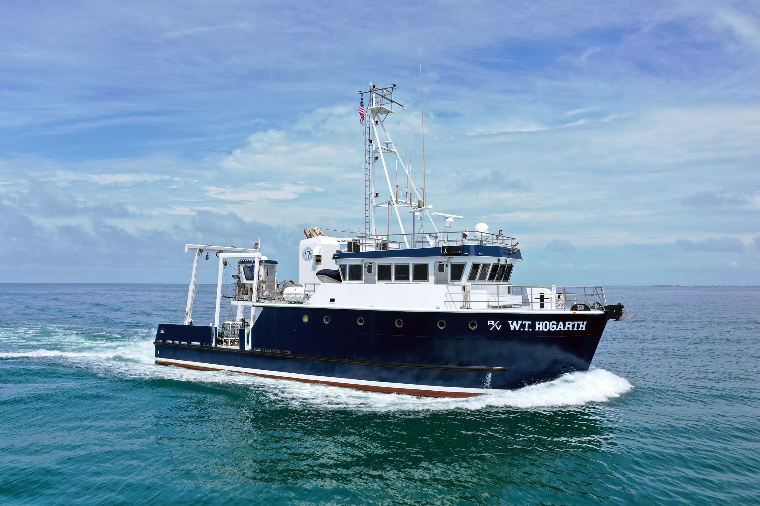 Research Vessel (R/V) W.T. Hogarth is equipped with wet & dry labs on board, a Satellite Internet Link, Fisheries Eco-Sounders, Dual Head Swath Bathymetry (for bottom-mapping), a 9-panel video wall, and a Dynamic Positioning System.